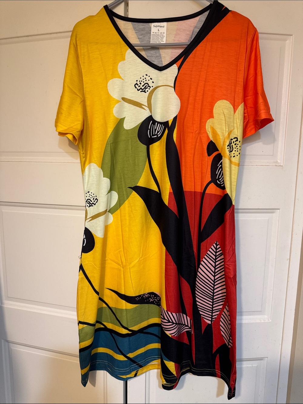 SHEIN Yellow, Orange & Green Floral V-Neck Midi Dress